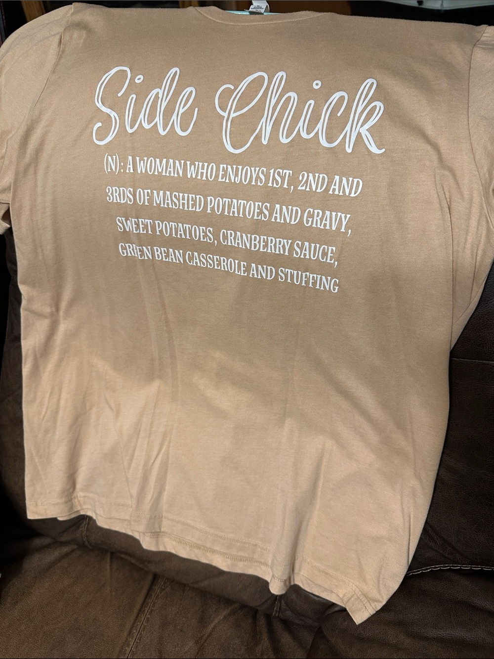 Bella Canvas Tan "Side Chick" Short Sleeve Tee with White Script